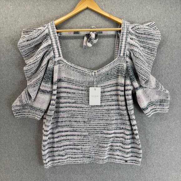 Ted Baker Aspel Puff Sleeve Marled Knit Sweater‎ Tie Back Women Size 5 US 12 NWT - Picture 1 of 15